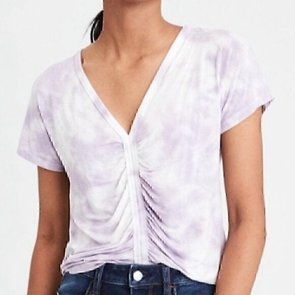 AMERICAN EAGLE Soft & Sexy T Cinch Front Tee Lilac Lavender Purple Boho Cropped - Picture 3 of 12